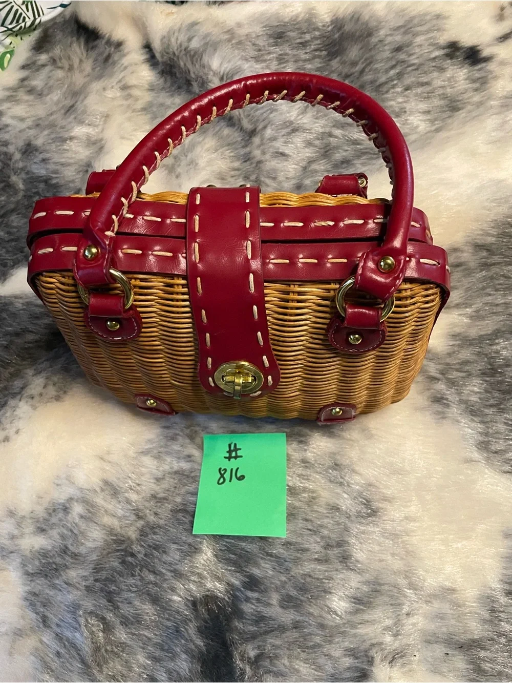 Patricia Nash Wicket Basket Handbag Red Leather Trim Satchel